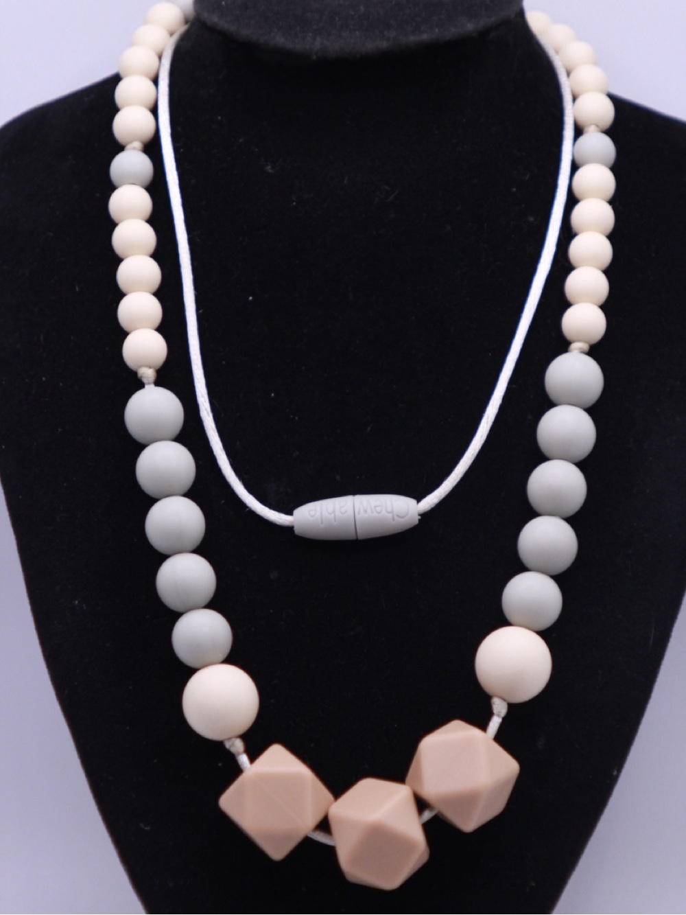 Chewable Charm Silicone Bead Necklace in Cream and Gray Teething necklace 32”